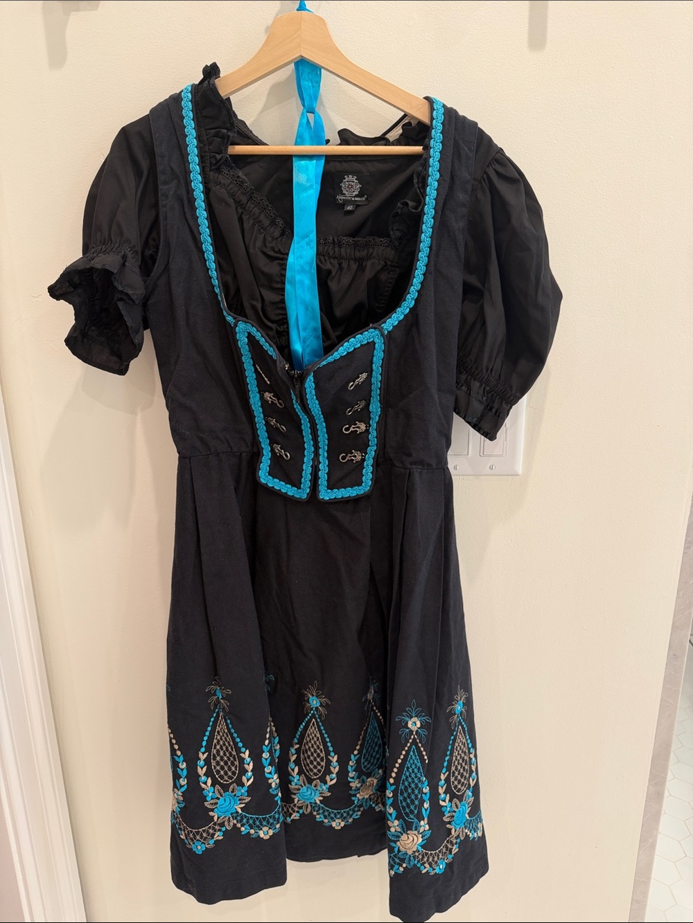 Black and Turquoise Formal Dirndl Dress with Decorative Bodice - Picture 3 of 3